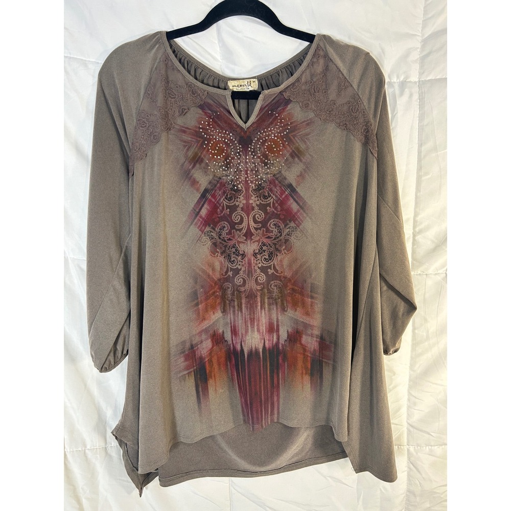 One World Women's Gray‎ Embellished Lace Trim Tunic Top Size M